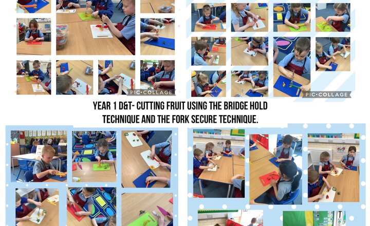 Image of Year 1 D&T- using the fork secure technique and the bridge hold technique to cut fruit.