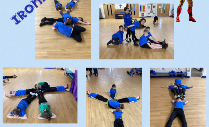 Image of Year 3- P.E- Dance- Creating representation of the Iron Man using their bodies. 